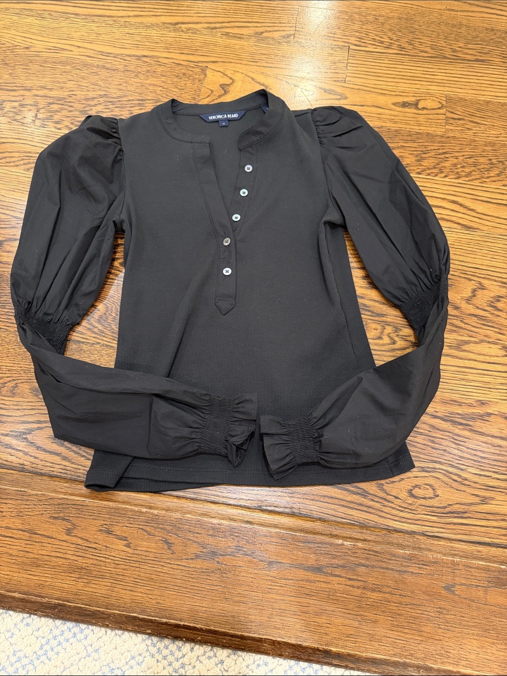 Veronica Beard Black Puff-Sleeve Henley Blouse